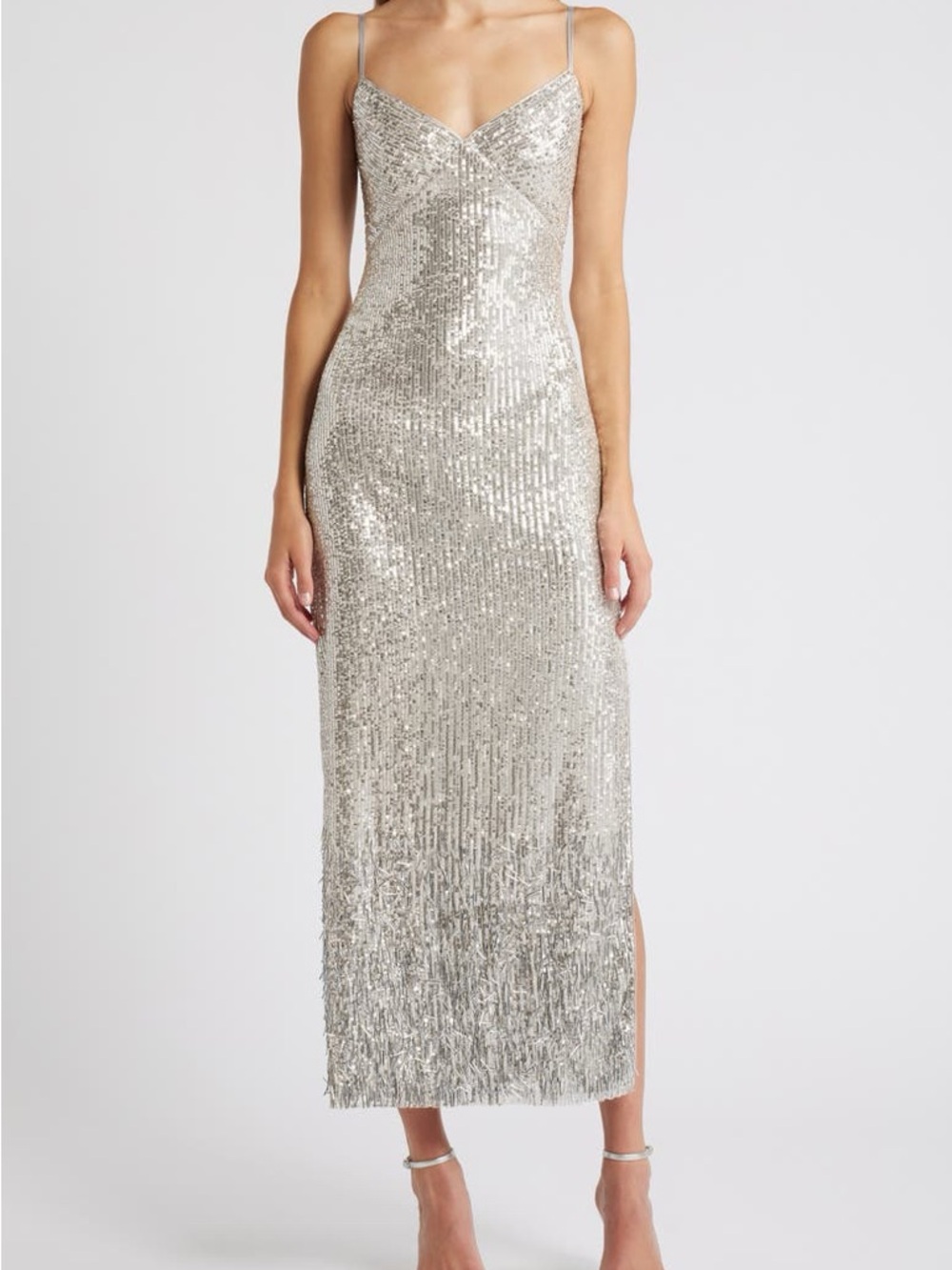 Saylor Ophelia Beaded Sequin Midi Dress Silver Size M